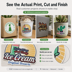 Examples of custom matte vinyl sticker print, cut, and finish