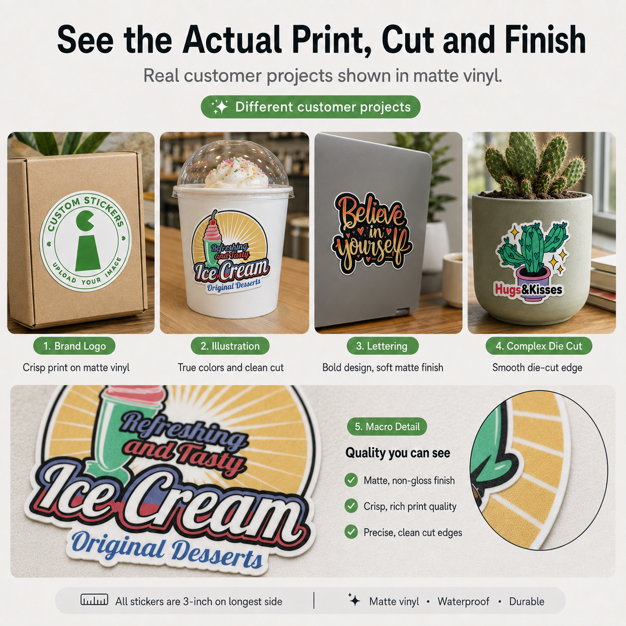 Examples of custom matte vinyl sticker print, cut, and finish