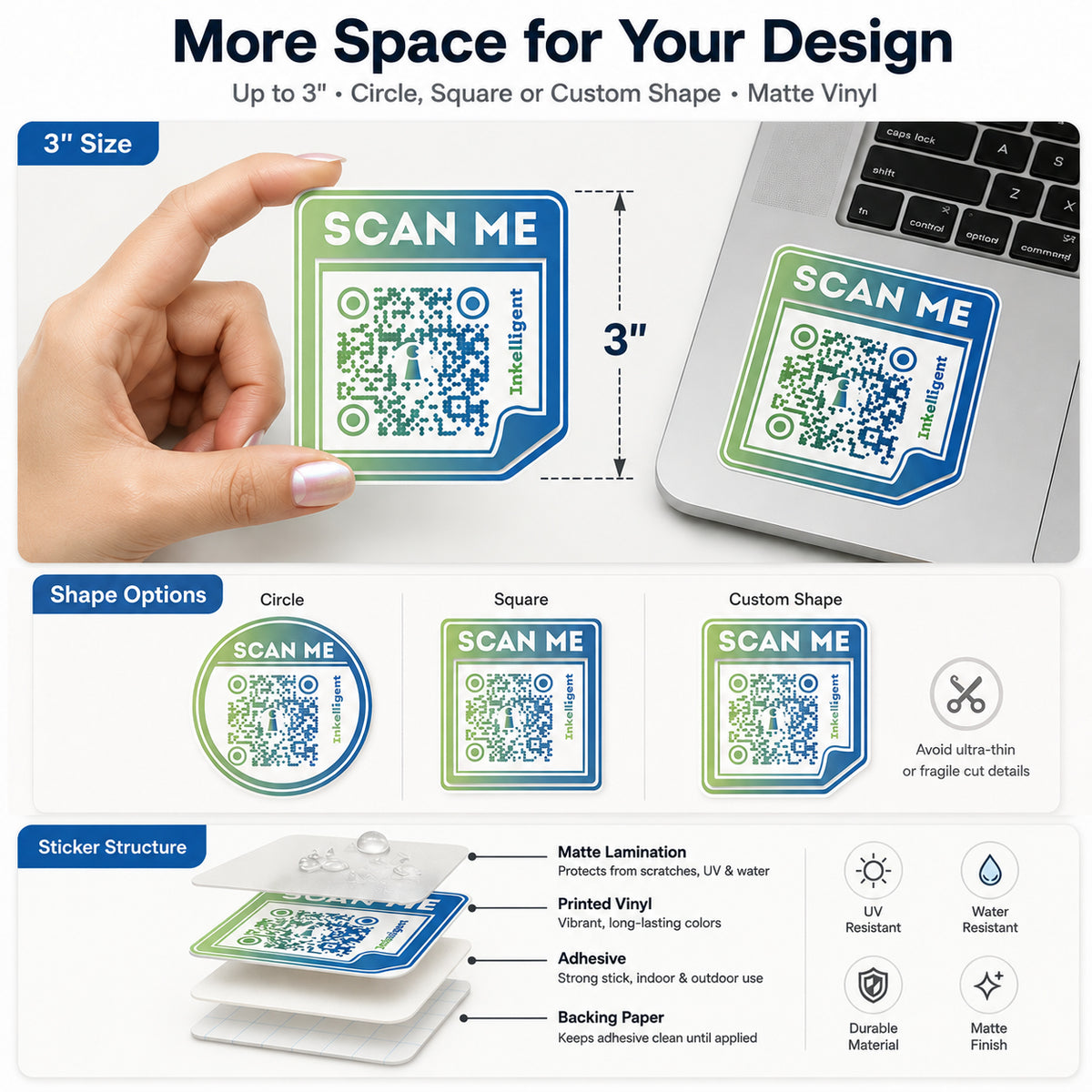 Three-inch custom matte vinyl sticker size, shape options, and material structure