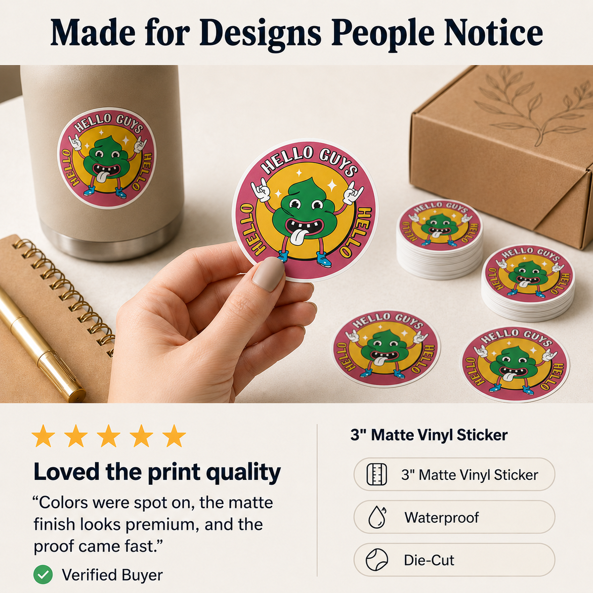 Custom matte vinyl stickers used on packaging and product surfaces