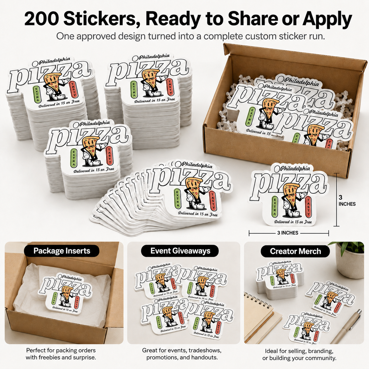 Two hundred custom die-cut matte vinyl stickers for packaging, events, and creator merchandise