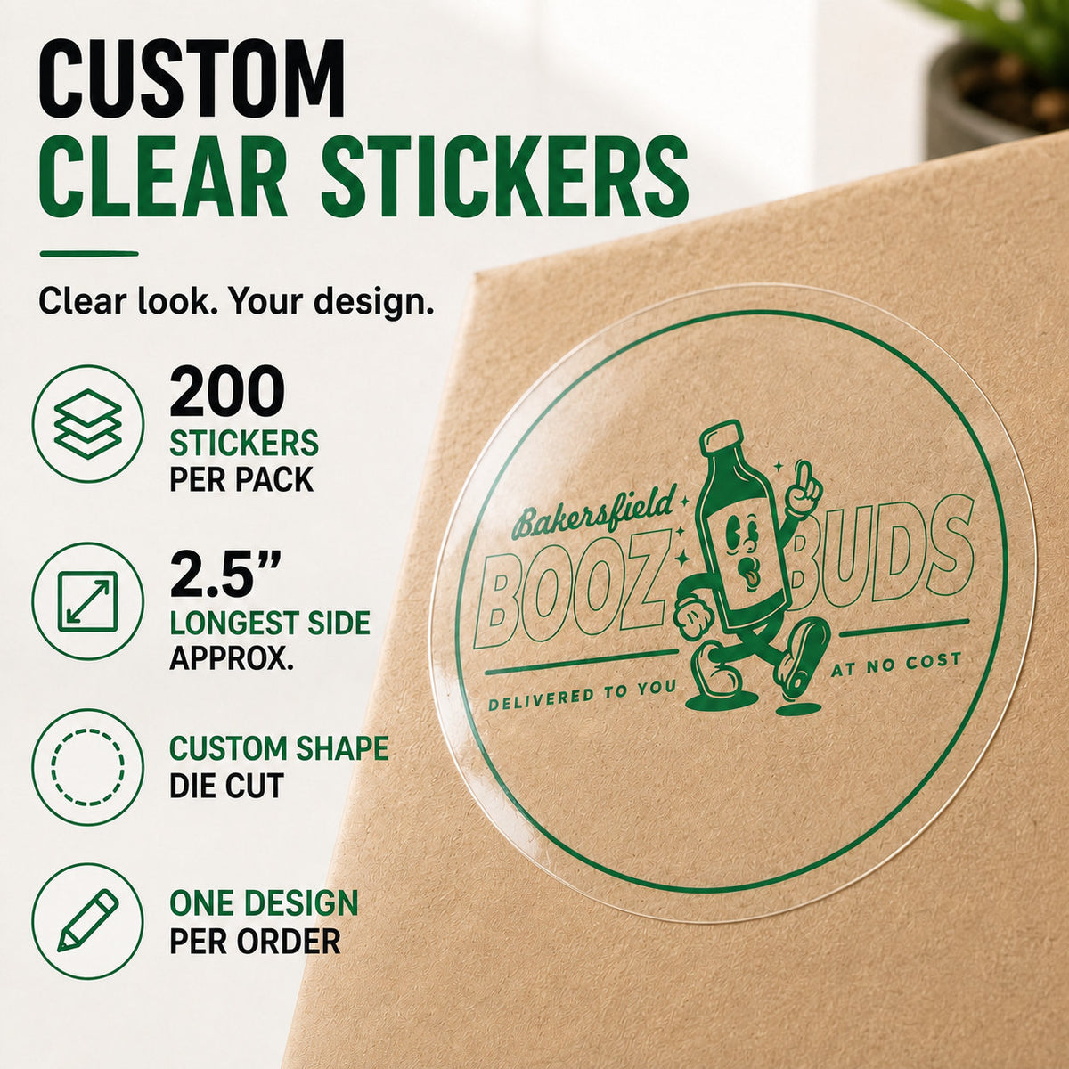 200 custom 2.5-inch clear vinyl stickers with one design per order