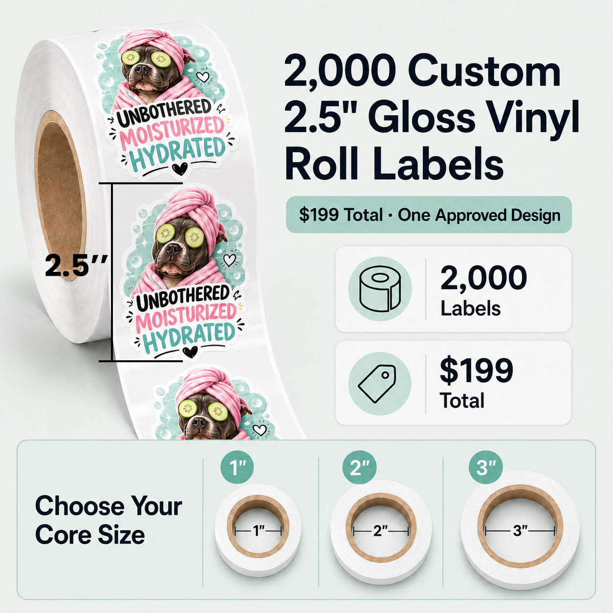 2000 custom 2.5-inch gloss vinyl roll labels with 1-inch, 2-inch, and 3-inch core options