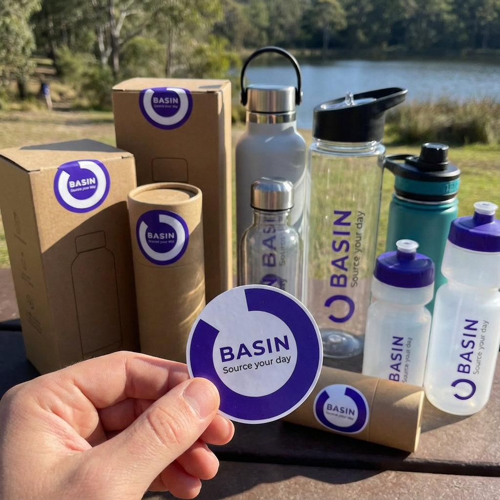 Custom round gloss stickers on product packaging and reusable water bottles