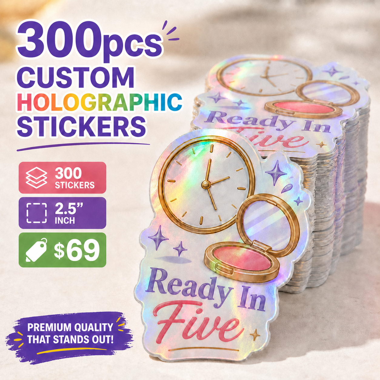 300 custom 2.5-inch holographic stickers with rainbow shine for $69