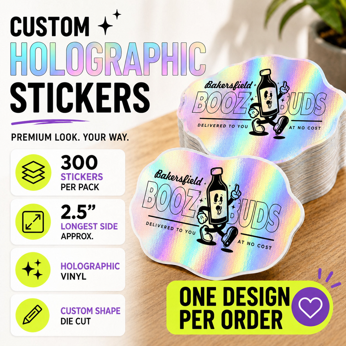 300 custom 2.5-inch holographic vinyl stickers with one design per order