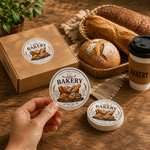 Custom bakery logo stickers for boxes, cups and food packaging
