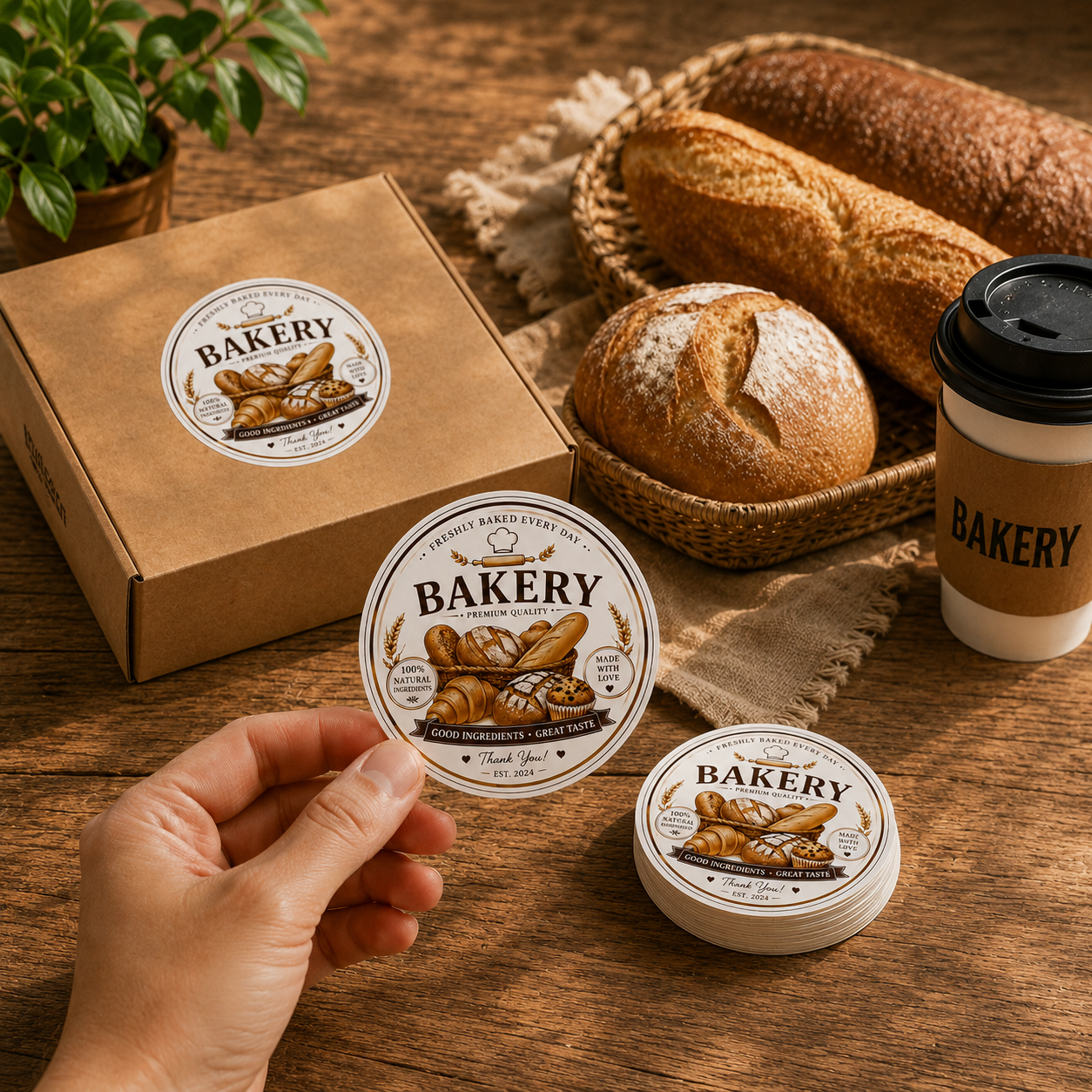 Custom bakery logo stickers for boxes, cups and food packaging