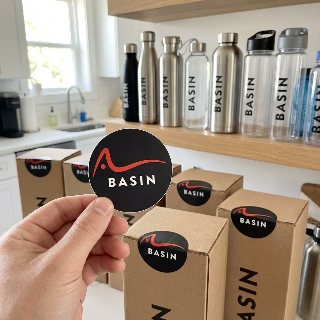 Black custom brand stickers on bottles and kraft product boxes