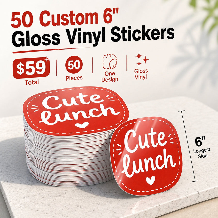 50 custom 6-inch gloss vinyl stickers – 50 pieces, one design