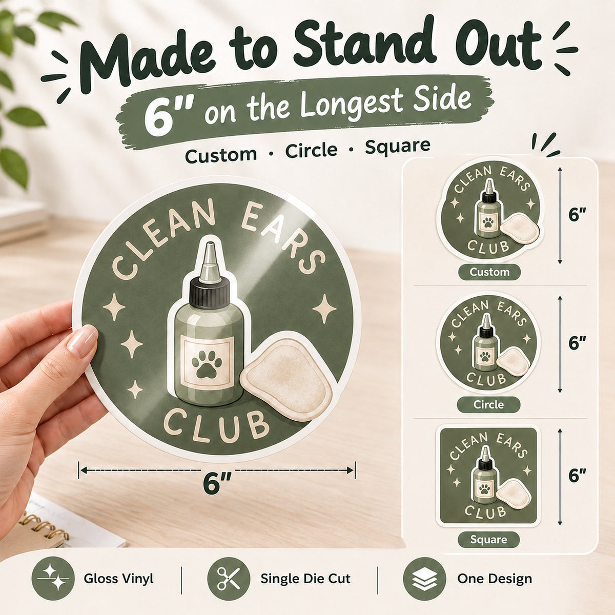 Custom 6-inch gloss vinyl sticker size and shape options