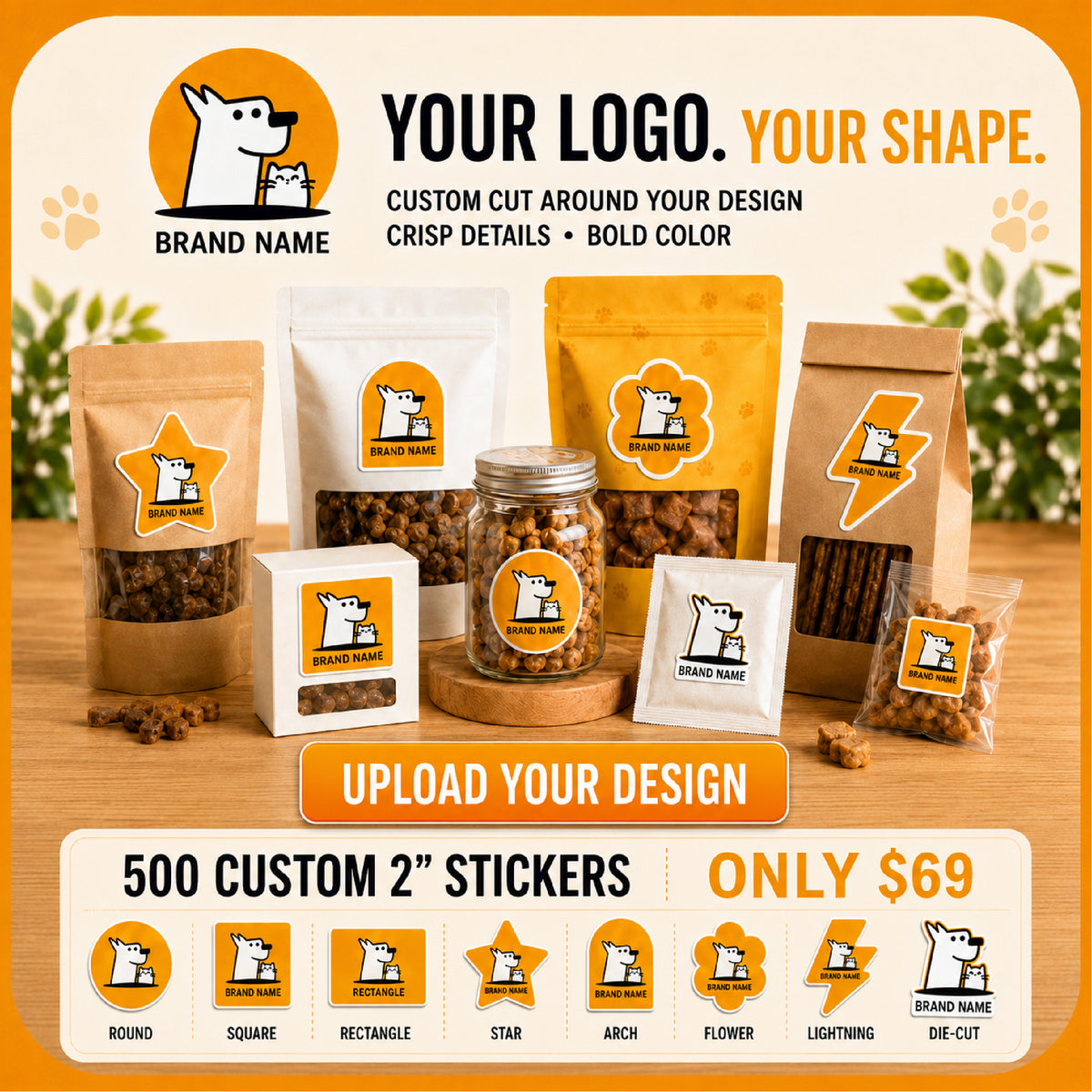 Custom-shaped 2-inch gloss vinyl stickers for product packaging