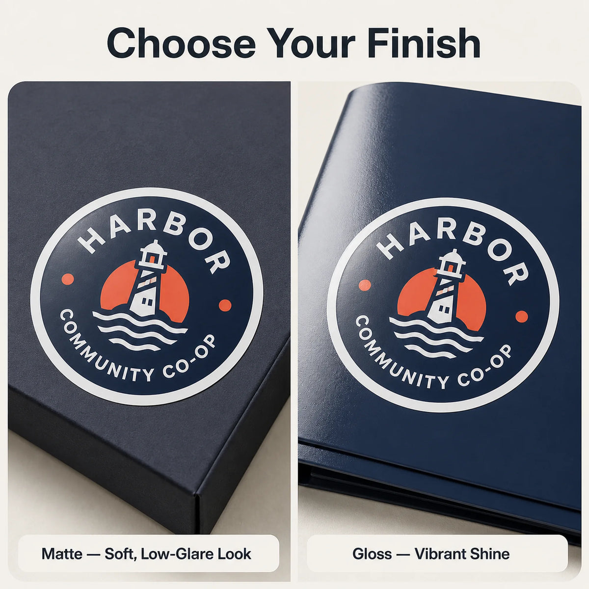 Brand & Organization Stickers — gloss and matte finish comparison