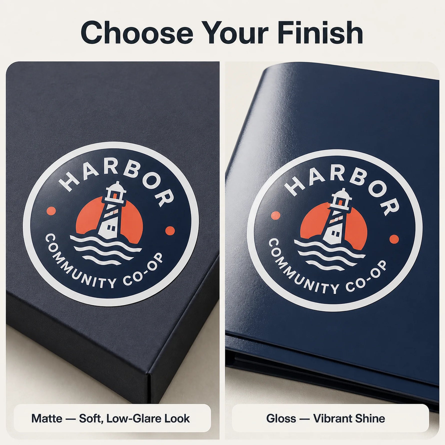 Brand & Organization Stickers — gloss and matte finish comparison