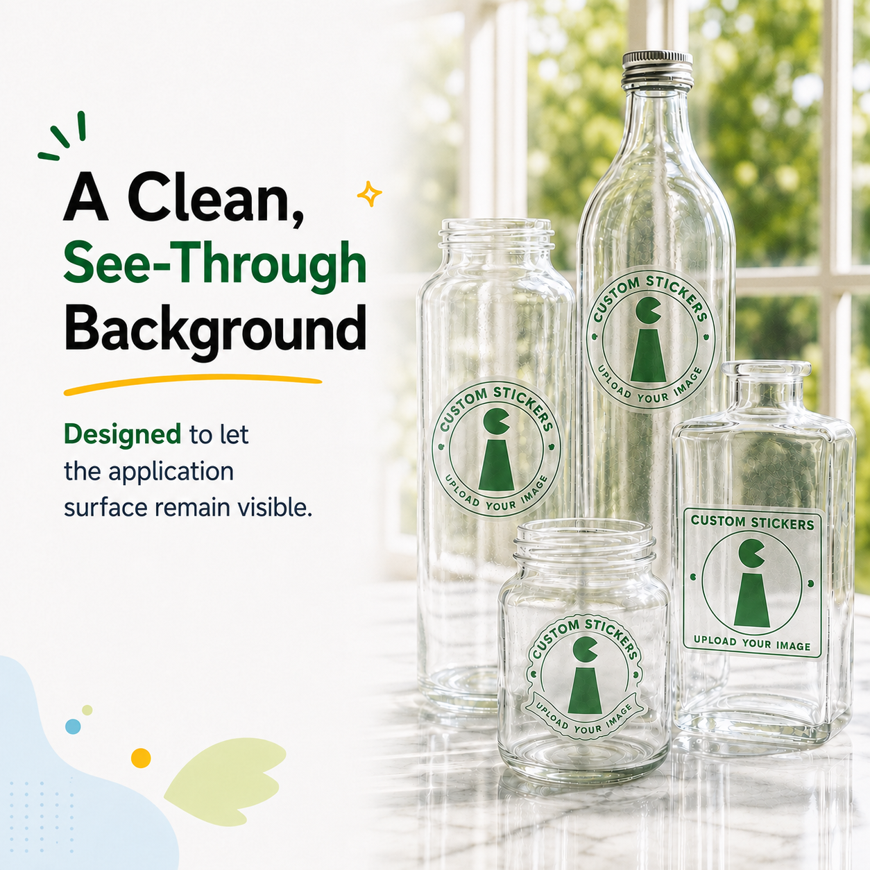 Clear vinyl stickers applied to glass bottles