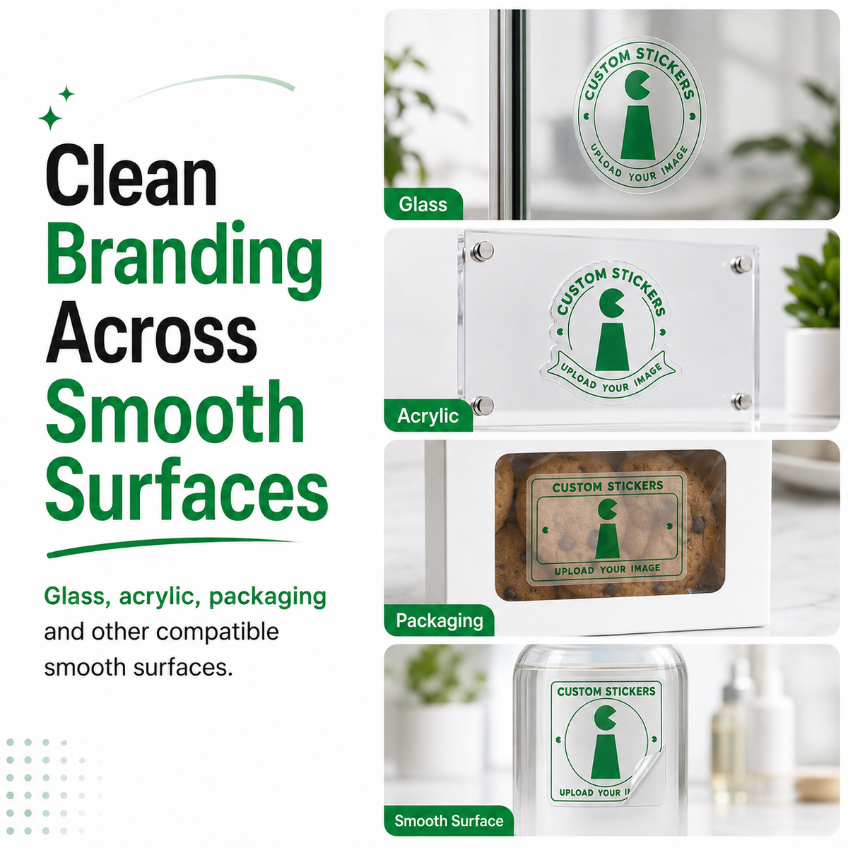 Clear vinyl stickers on glass acrylic and packaging