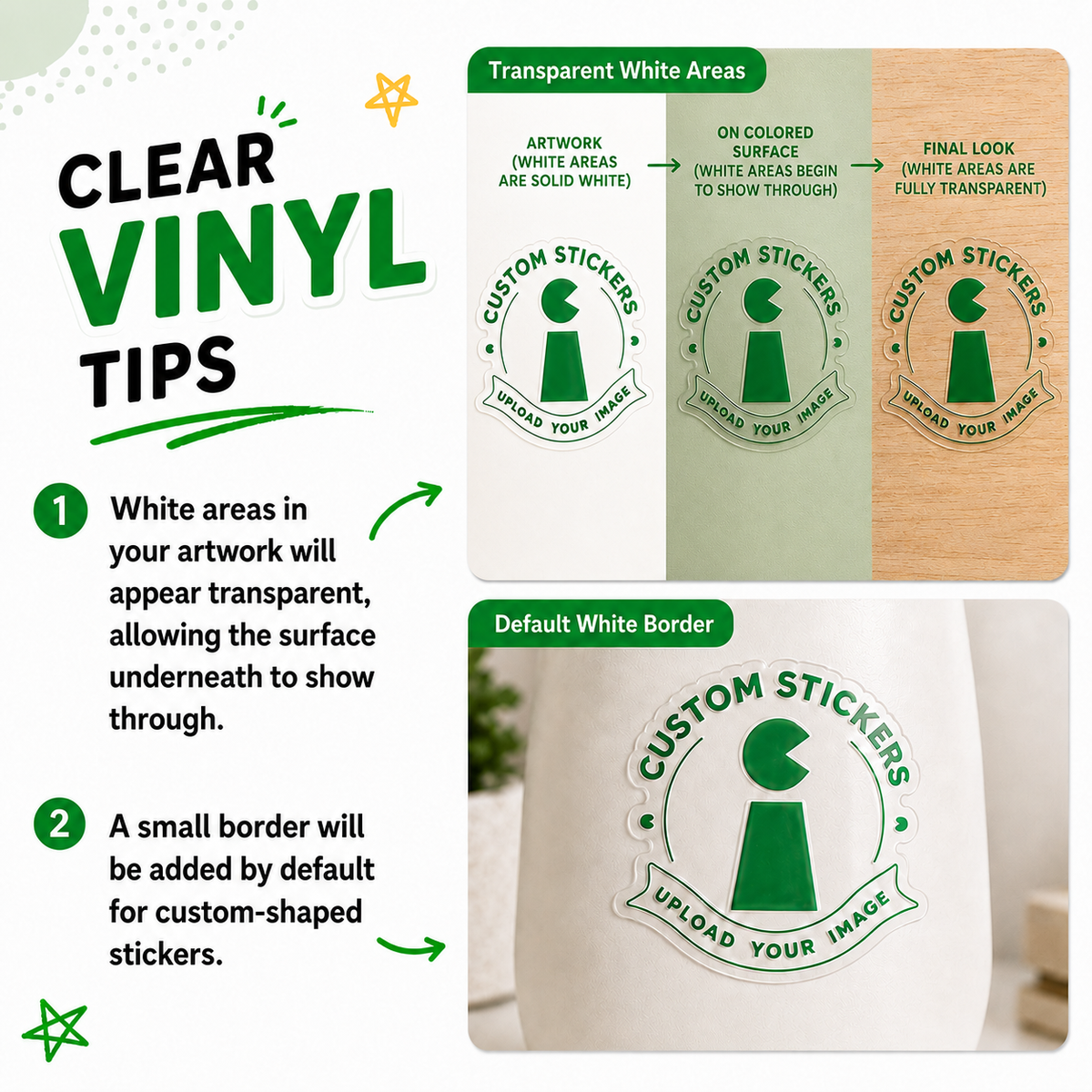 Clear vinyl sticker artwork and white border tips