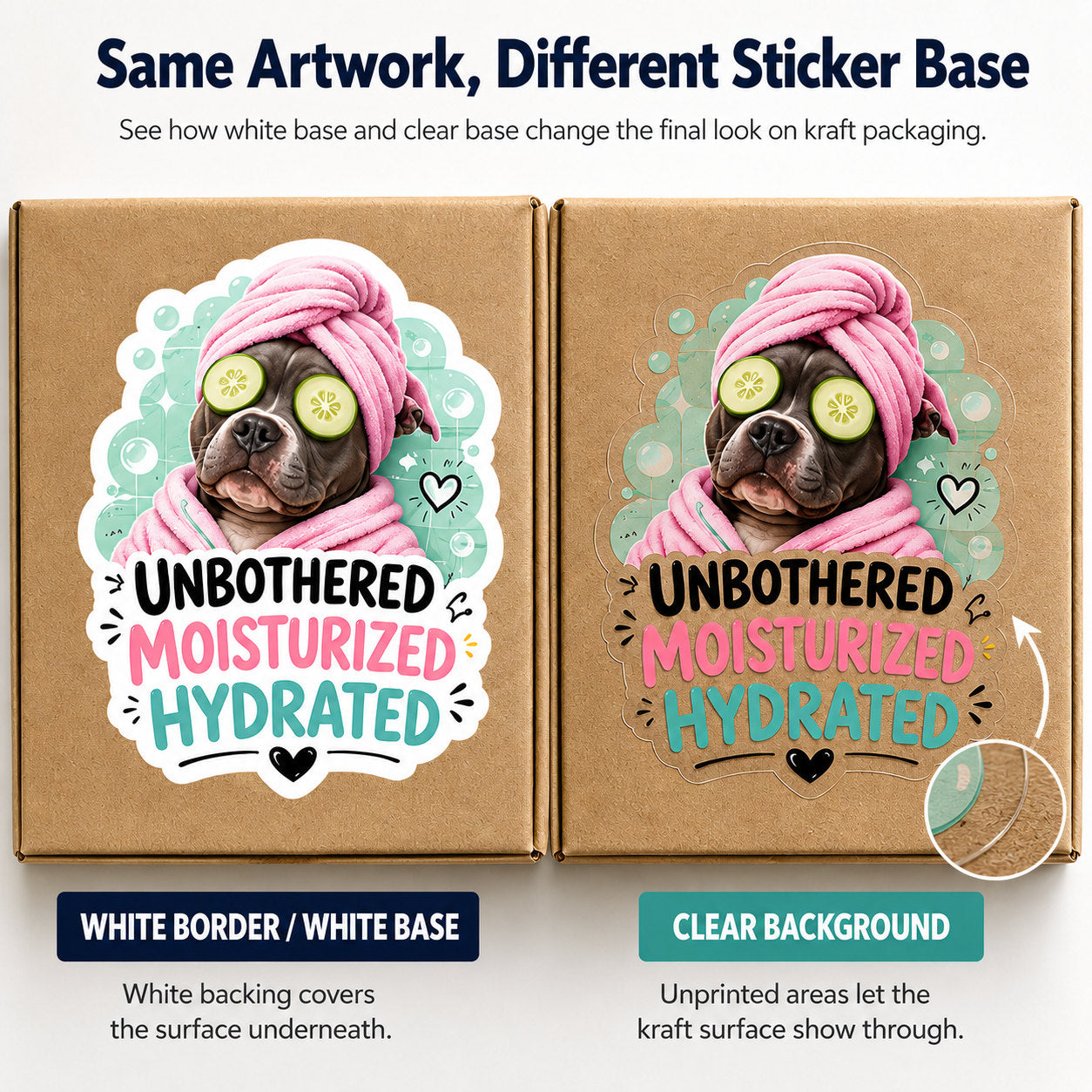 Clear sticker and white-backed sticker comparison on kraft packaging