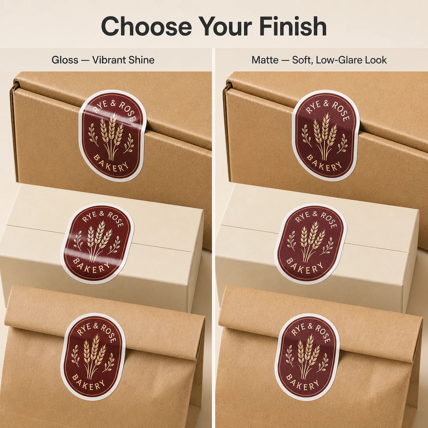 Custom Box & Packaging Stickers — gloss and matte finish comparison