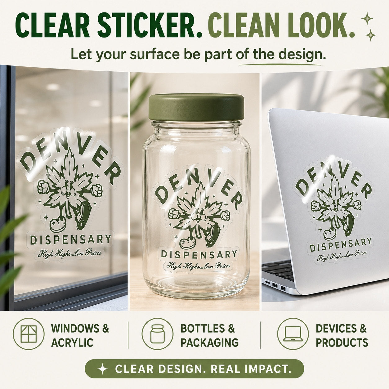 Clear stickers on windows, bottles, packaging, and devices