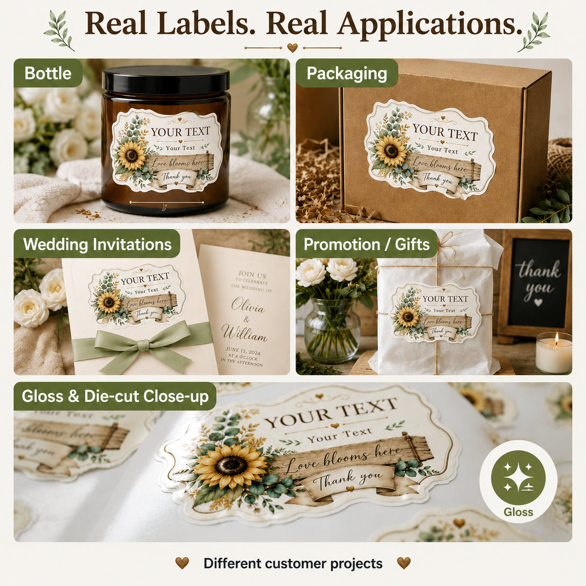 Custom gloss roll labels used on bottles, packaging, invitations, and gifts