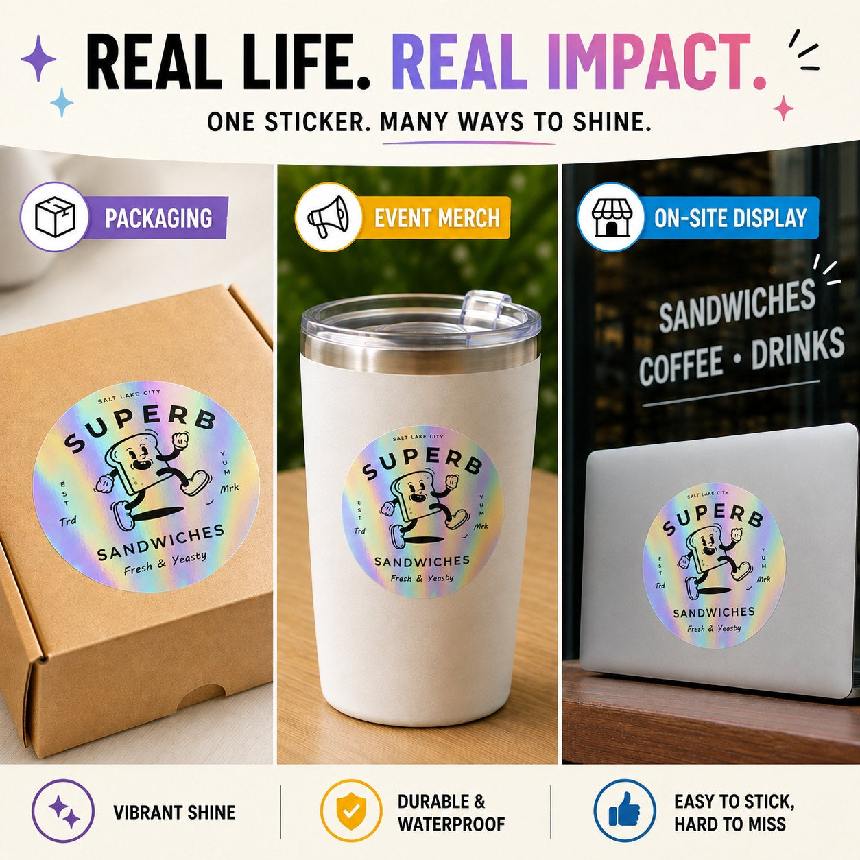 Custom holographic stickers for packaging, event merchandise, and displays