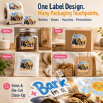 Custom 2.5-inch gloss roll labels used on bottles, boxes, pouches, and promotions