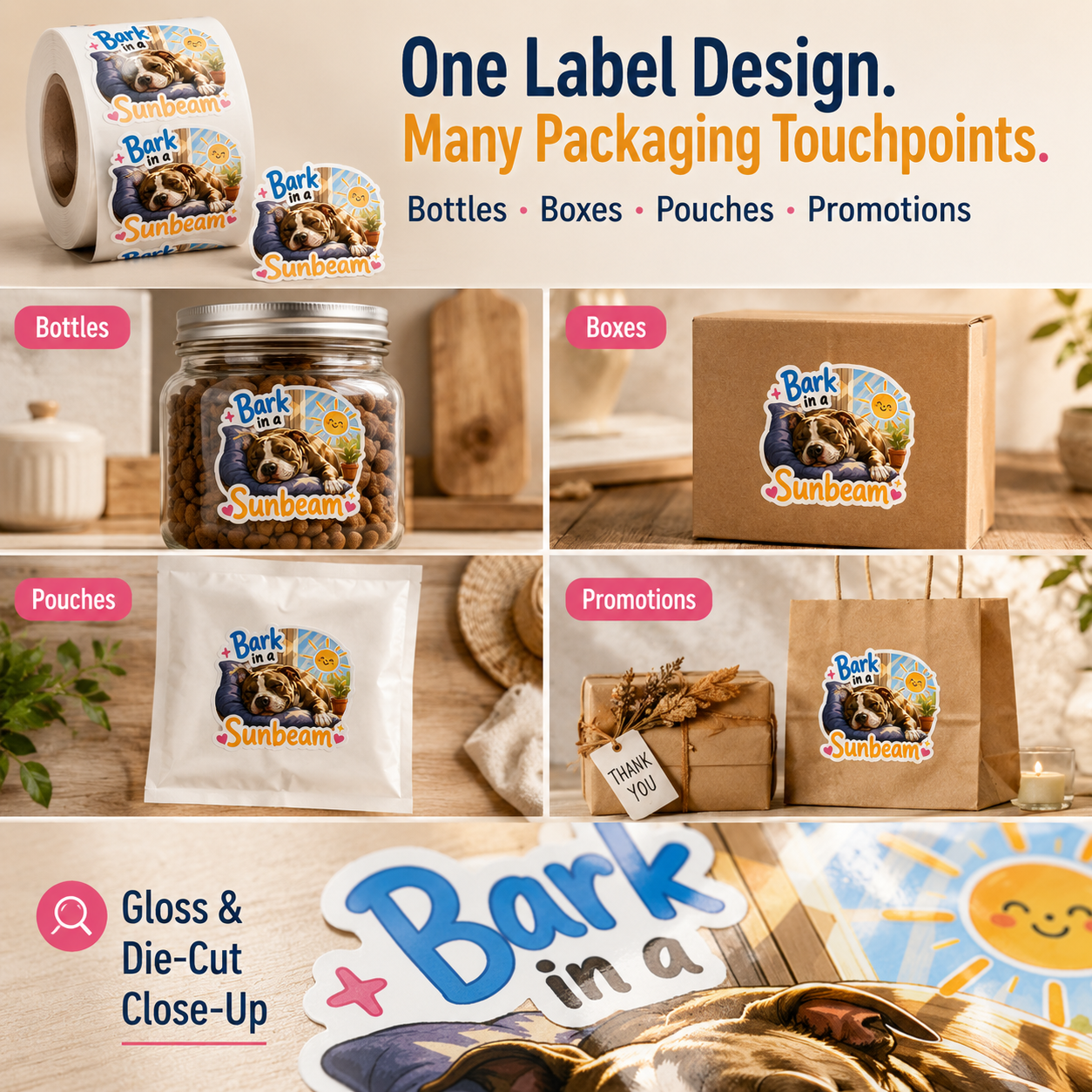 Custom 2.5-inch gloss roll labels used on bottles, boxes, pouches, and promotions