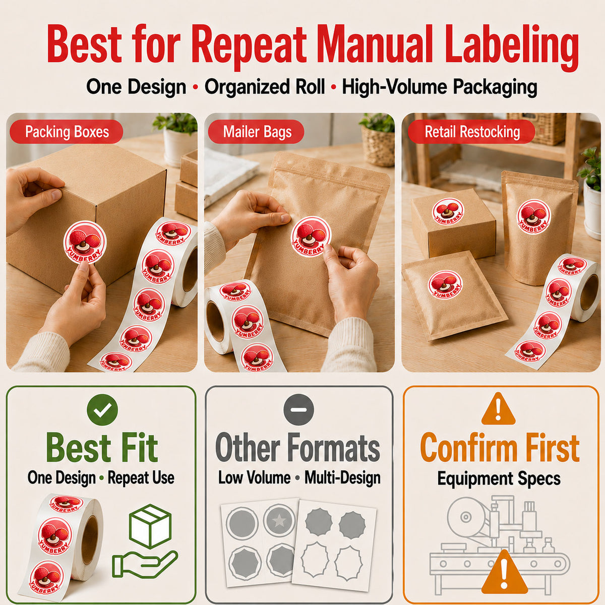 Custom roll labels for repeat manual labeling and high-volume packaging