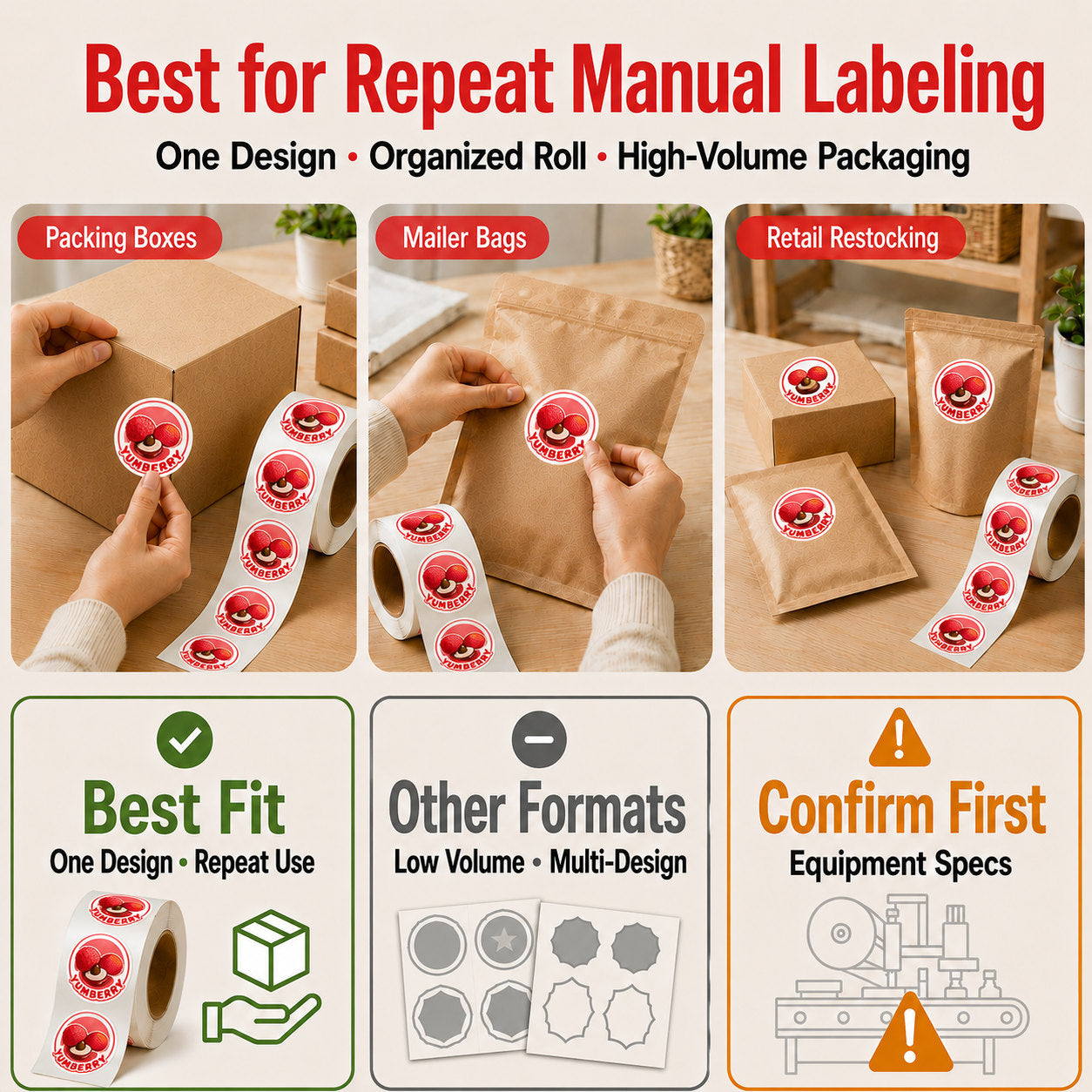 Custom roll labels for repeat manual labeling and high-volume packaging