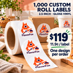 2.5-inch custom gloss vinyl roll labels, 1,000 labels with one design per order