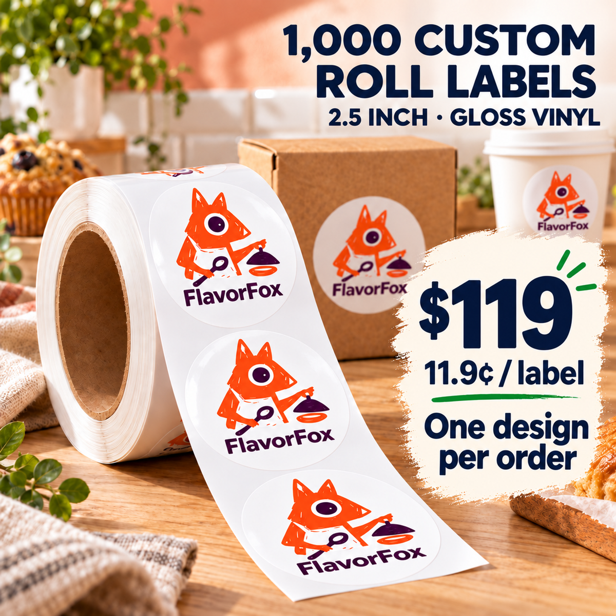 2.5-inch custom gloss vinyl roll labels, 1,000 labels with one design per order