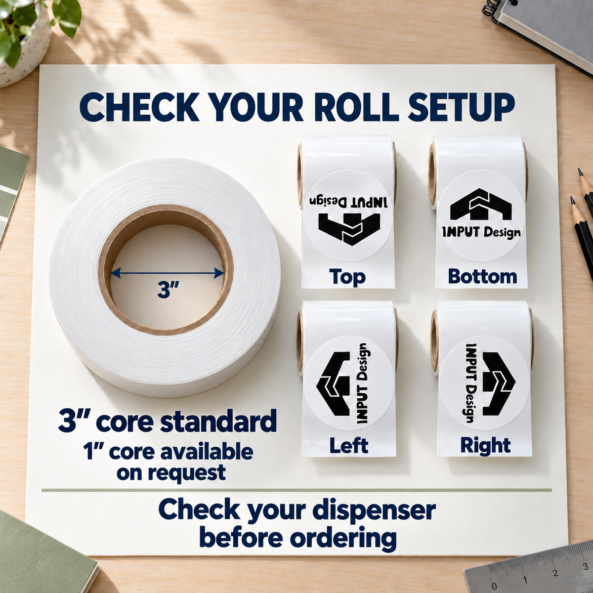 2.5-inch roll setup with a standard 3-inch core and four unwind directions