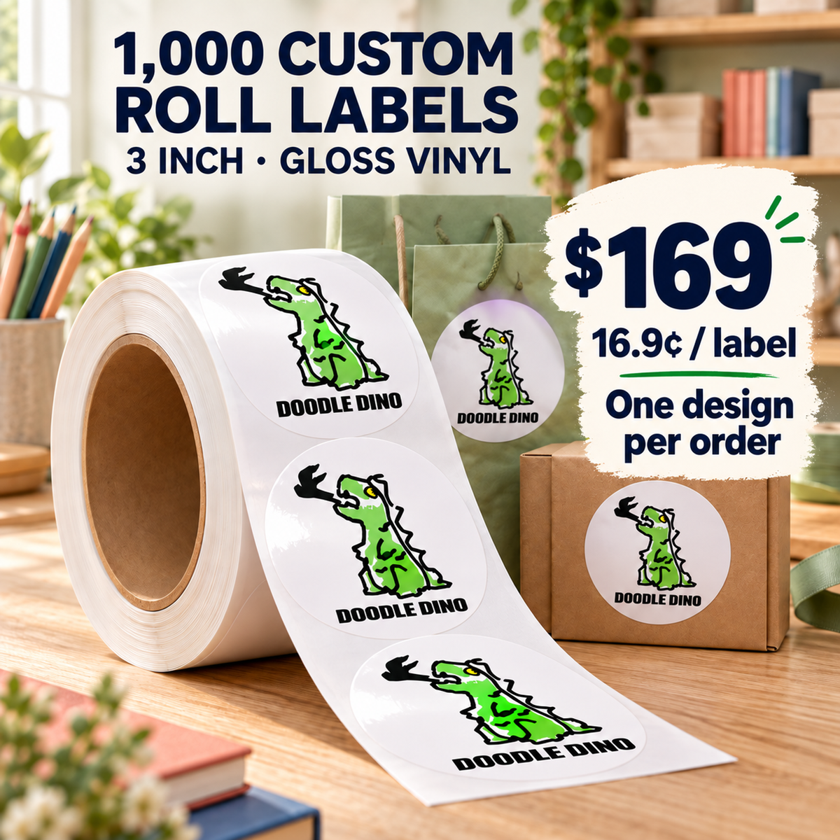 3-inch custom gloss vinyl roll labels, 1,000 labels with one design per order