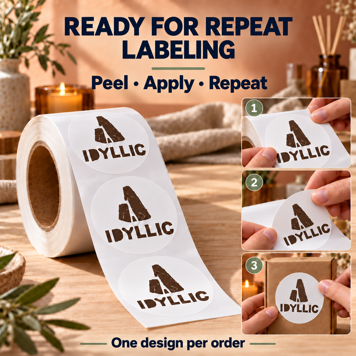 3-inch peel, apply, and repeat labeling with one design per order