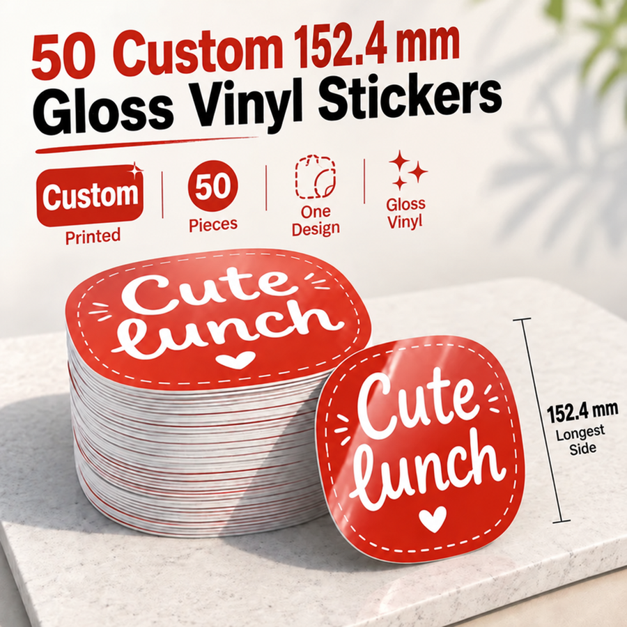 50 custom 6-inch gloss vinyl stickers – 50 pieces, one design