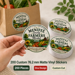 200 custom 3-inch matte vinyl stickers with a farmers market design