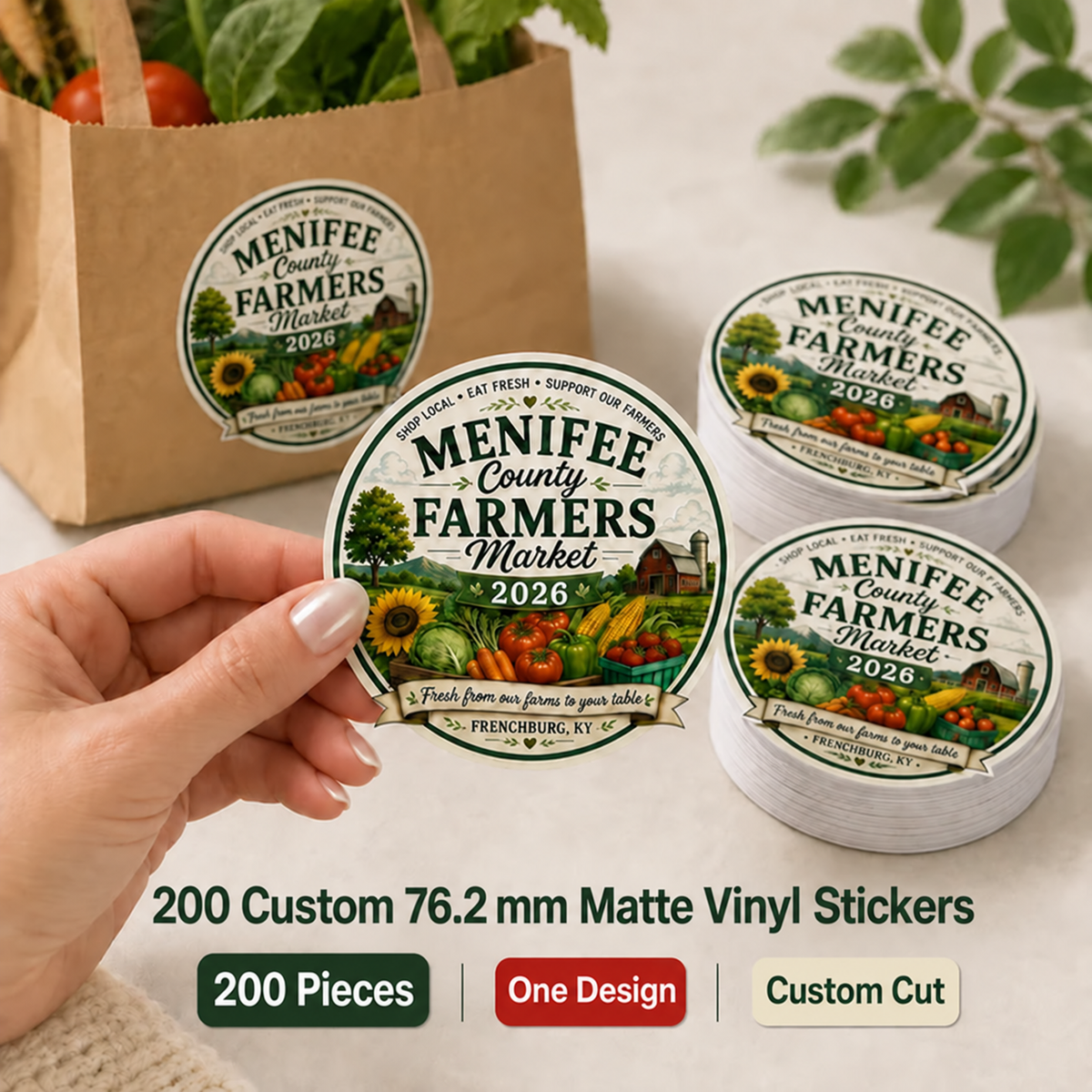 200 custom 3-inch matte vinyl stickers with a farmers market design