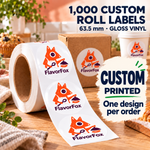 2.5-inch custom gloss vinyl roll labels, 1,000 labels with one design per order