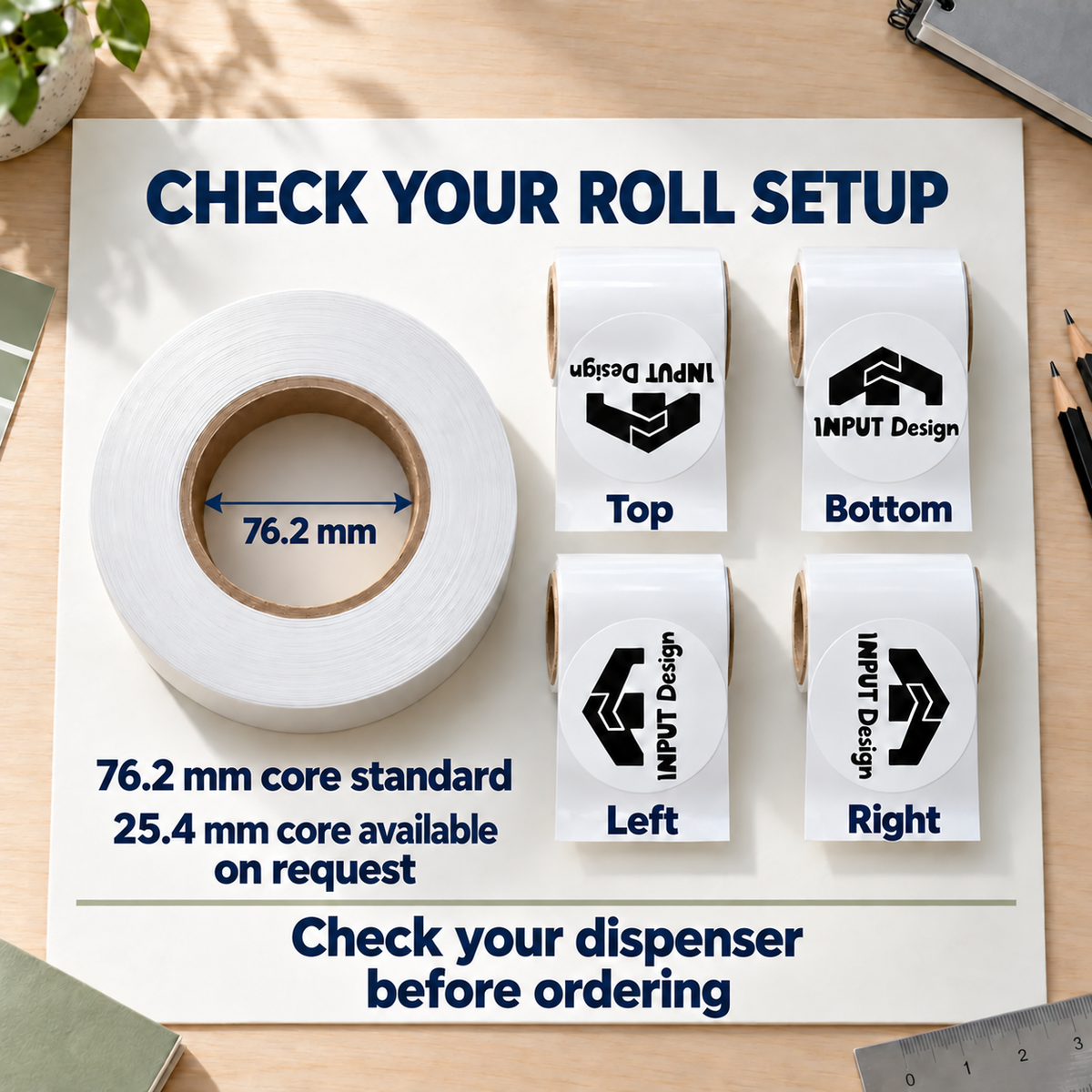 2.5-inch roll setup with a standard 3-inch core and four unwind directions