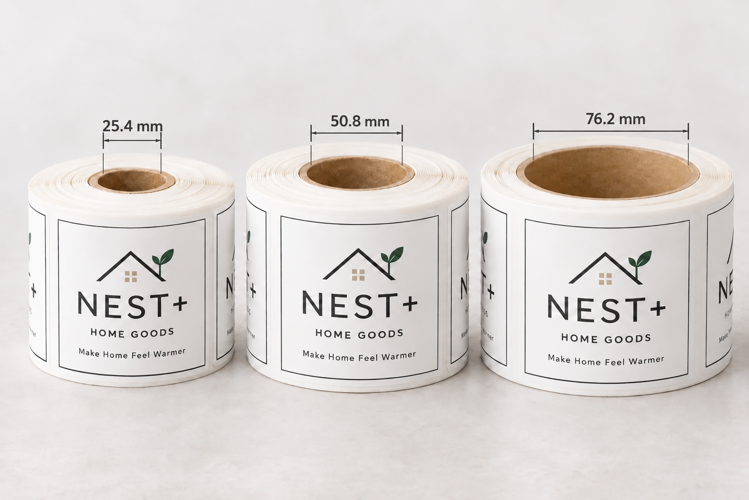 Illustrative label rolls with one-inch, two-inch, and three-inch inner core diameter options