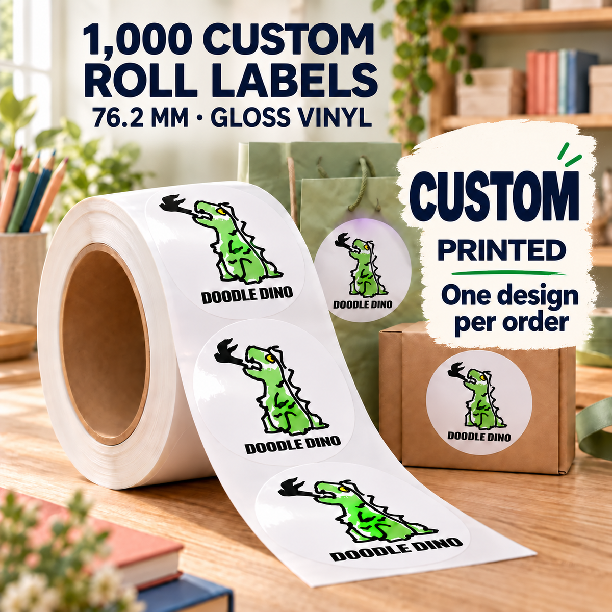 3-inch custom gloss vinyl roll labels, 1,000 labels with one design per order