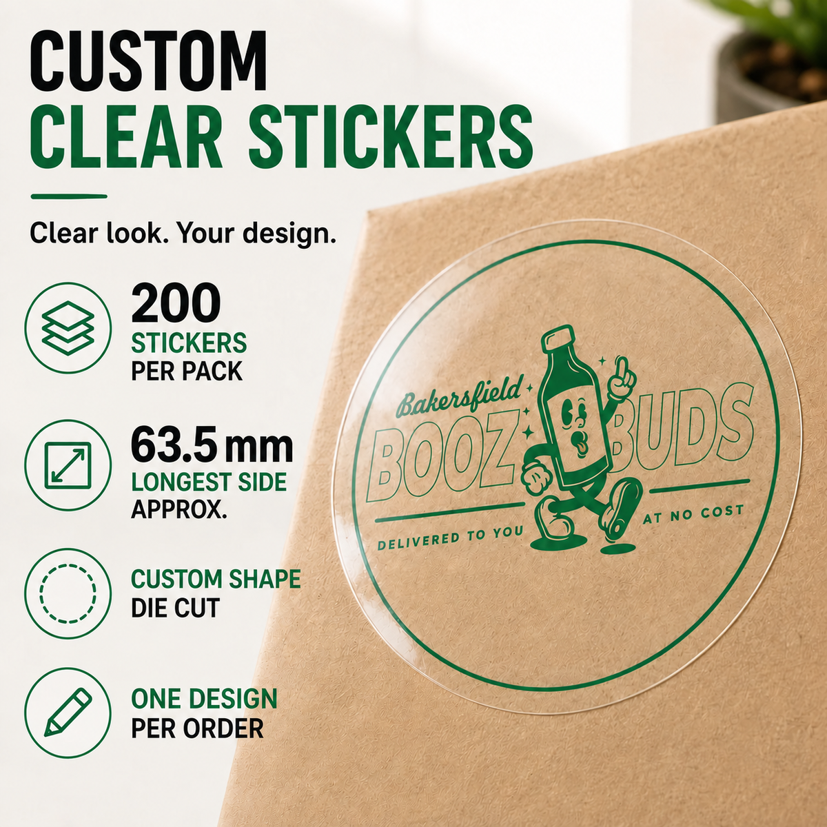 200 custom 2.5-inch clear vinyl stickers with one design per order