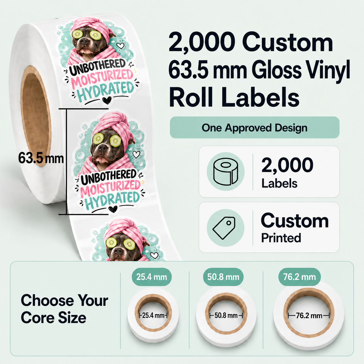 2000 custom 2.5-inch gloss vinyl roll labels with 1-inch, 2-inch, and 3-inch core options