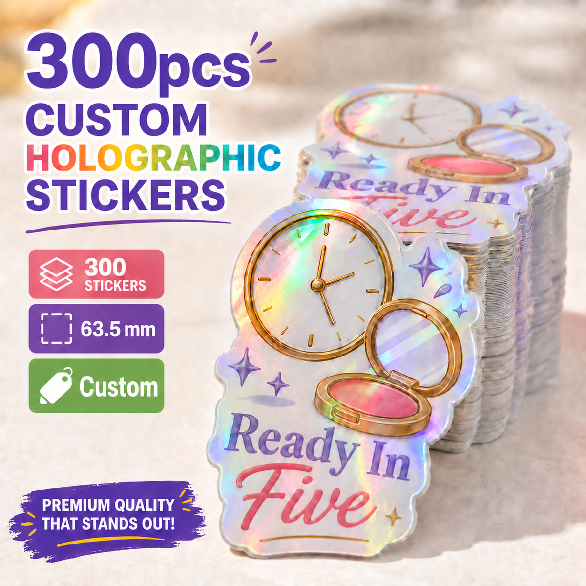 300 custom 2.5-inch holographic stickers with rainbow shine