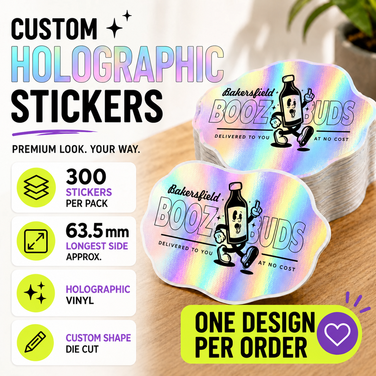 300 custom 2.5-inch holographic vinyl stickers with one design per order