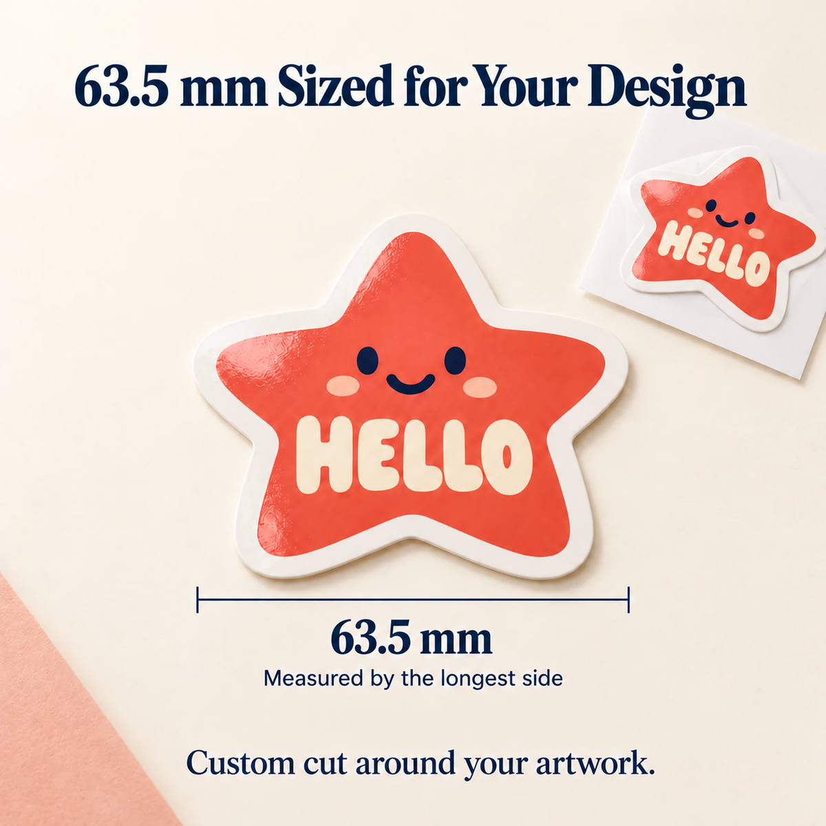 2.5-inch custom vinyl sticker size guide with original HELLO star example