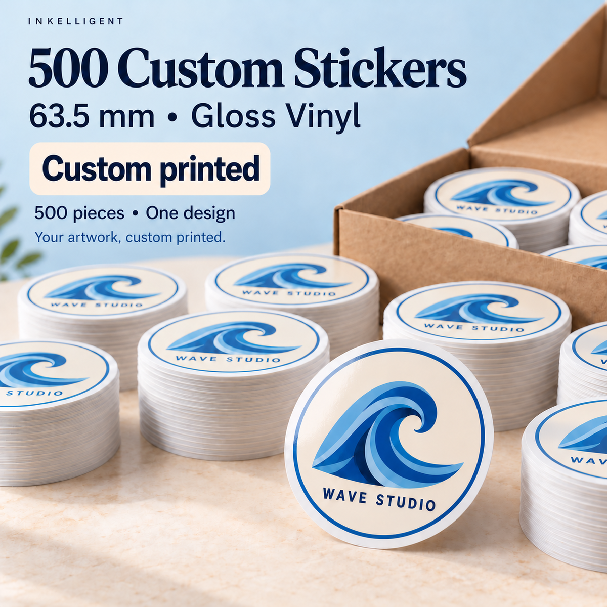 500 custom 2.5-inch gloss vinyl stickers, WAVE STUDIO example design