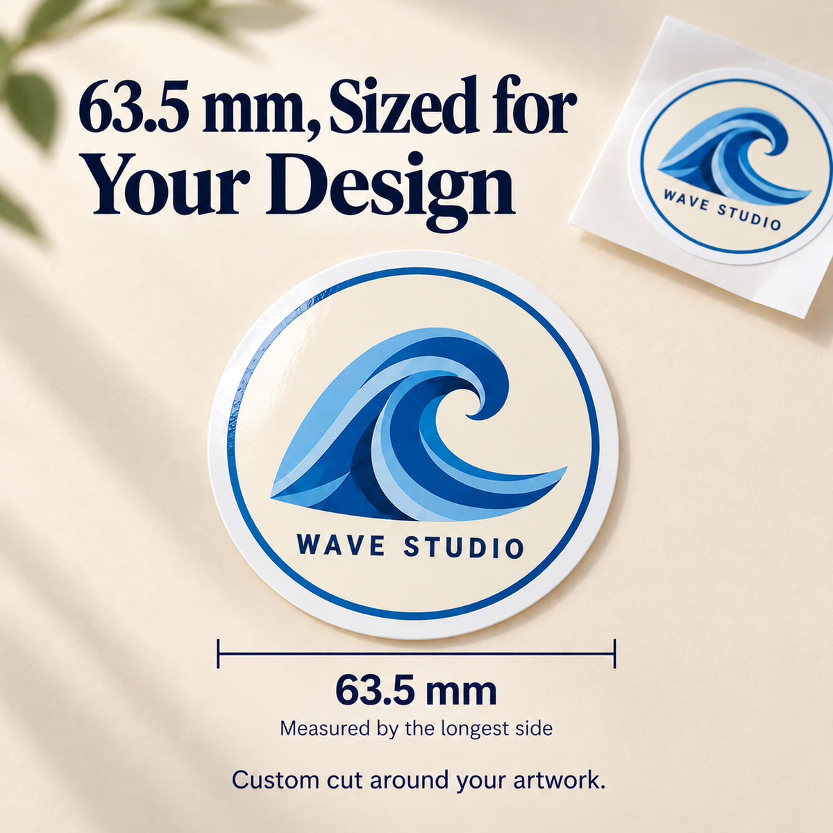 WAVE STUDIO custom gloss vinyl stickers - 2.5-inch longest-side size guide