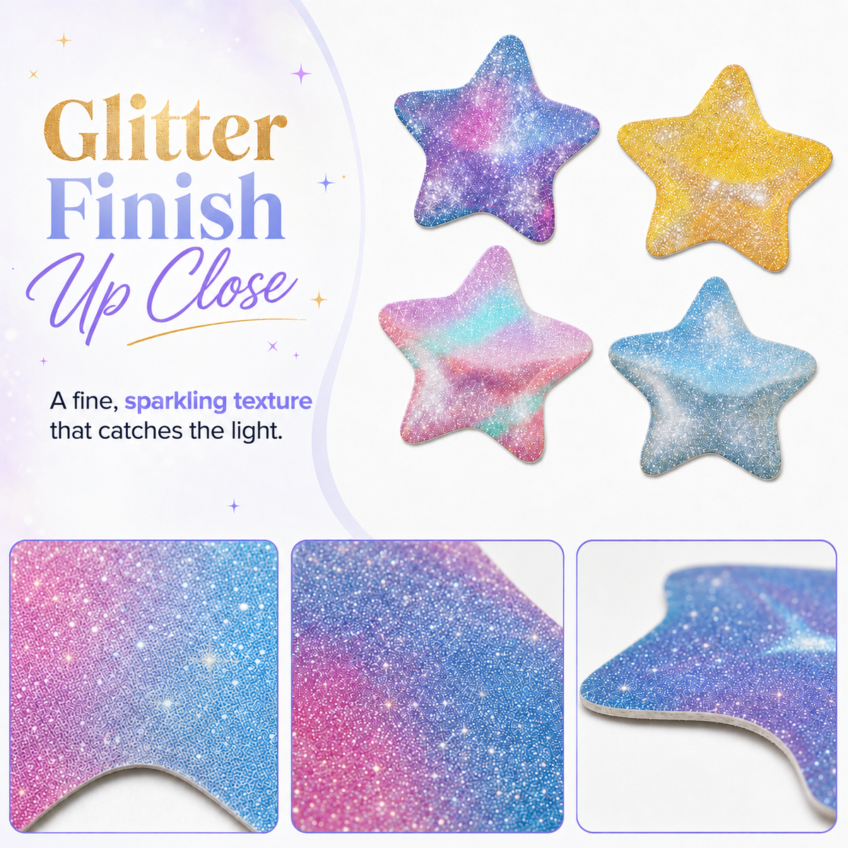 Glitter holographic sticker finish close-up
